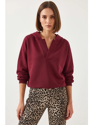 Efnaz Style Kadın Kapüşonlu V Yaka Bordo Sweatshirt