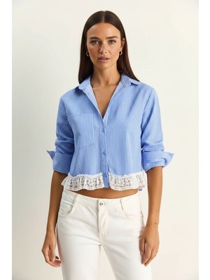 Efnaz Style Kadın Dantel Detaylı Çizgili Poplin Crop Gömlek Dg Mavi