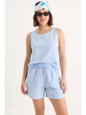 Efnaz Style Kadın Kalın Askılı Bluz Beli Lastikli Cep Detaylı Şort Müslin Bebe Mavisi Takım