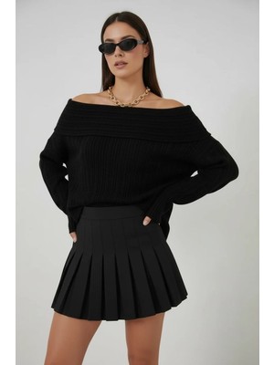 Efnaz Style Kadın Oversize Açık Omuz Triko Siyah Kazak