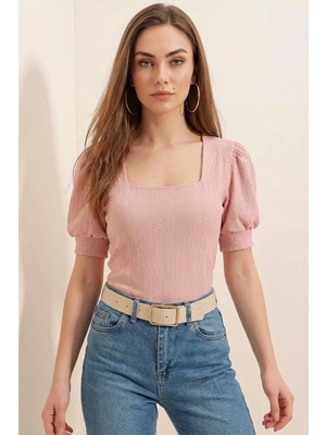 Efnaz Style Kadın Kare Yaka Kısa Kol Pudra Bluz