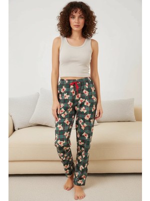 Efnaz Style Kadın Beli Büzgülü Kareli Desenli Zümrüt Yeşili Pijama Altı