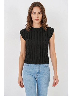 Efnaz Style Kadın Sıfır Kol Dokulu Siyah Bluz