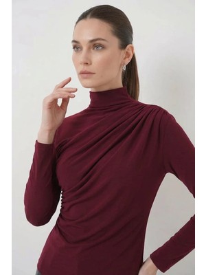 Efnaz Style Kadın Balıkçı Yaka Büzgü Detaylı Bordo Bluz