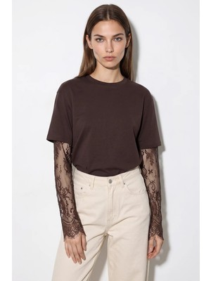 Efnaz Style Kadın Bisiklet Yaka Dantel Kollu Oversize Pamuklu T Shirt Acı Kahve