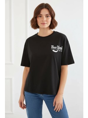 Efnaz Style Kadın Basic Baskılı Siyah Tişört