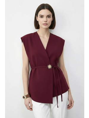 Efnaz Style Kadın Şık Düğmeli Kuşaklı Dokuma Bordo Yelek