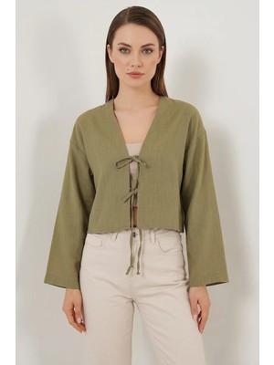 Efnaz Style Kadın Önü Bağlamalı Keten Yeşili Çağla Kimono