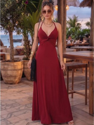 Kozz Style Kırmızı Micro Önü Burgulu Ip Askılı Uzun Elbise