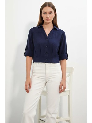 Efnaz Style Kadın Kısa Kol Oversize Kesim Lacivert Gömlek