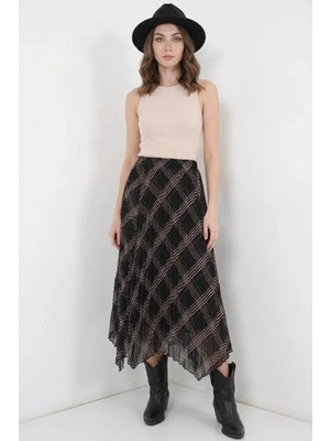 Efnaz Style Kadın Asimetrik Kesim Şifon Siyah Etek