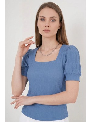 Efnaz Style Kadın Kare Yaka Kısa Kol Indigo Bluz