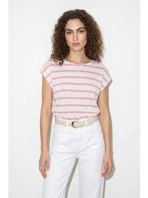 Efnaz Style Kadın Kayık Yaka Yarasa Kol Pamuklu Triko Ekru Pembe Bluz
