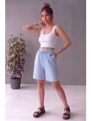 Kozz Style Bebe Mavi Çizgili Beli Ayarlanabilir Keten Pamuklu Şort