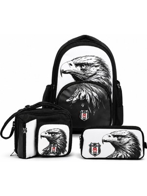 Beşiktaş Lisanslı Kartal Desenli 3'lü Okul Çantası Seti - Okul Çantası, Beslenme Çantası ve Kalem Çantası
