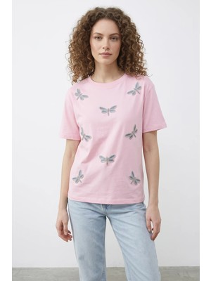 Efnaz Style Kadın Boncuk Taş Işlemeli Yusufçuk Desenli Rahat Kalıp T Shirt Şeker Pembe
