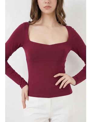 Efnaz Style Kadın Kare Yaka Slim Fit Bordo Bluz