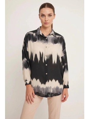 Efnaz Style Kadın Oversize Desenli Turuncu Siyah Gömlek