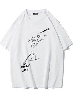 Brz Collection Unisex Oversize Chatgpt And Me T-Shirt (Beyaz)