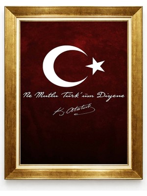 Tablore Ne Mutlu Türk'üm Diyene Atatürk Imzalı Türk Bayrağı Gold Çerçeveli Tablo Ofis ve Salon Duvar Dekoru