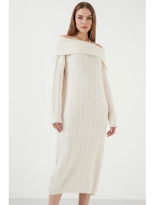 Efnaz Style Kadın Madonna Yaka Oversize Triko Ekru Elbise