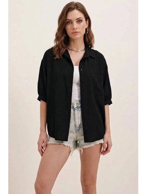 Efnaz Style Kadın Kısa Kol Basic Oversize Pamuklu Siyah Gömlek