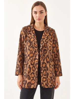 Efnaz Style Kadın Premium Kaşe Leopar Desenli Camel Ceket