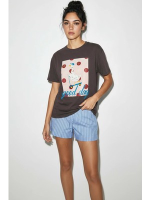 Efnaz Style Kadın Good Day Baskılı Nakış Detaylı Relaxed Fit T Shirt Kahverengi