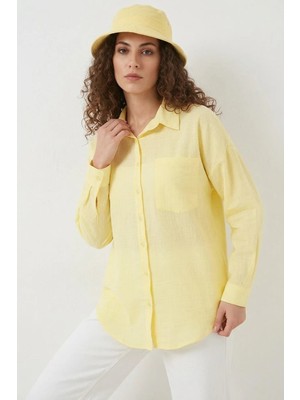Efnaz Style Kadın Tek Cepli Oversize Viskon Açık Sarı Gömlek