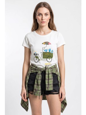 Efnaz Style Kadın El Işi Nakışlı Bisiklet Baskılı Premium Tasarım Pamuklu T Shirt Beyaz