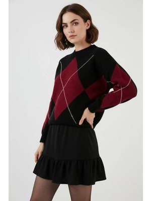 Efnaz Style Kadın Yuvarlak Yaka Baklava Desenli Siyah Etek