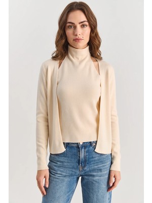 Efnaz Style Kadın Halter Yaka Içten Bluz Detaylı Krem Hırka