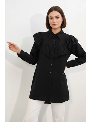 Efnaz Style Kadın Fırfır Detaylı Siyah Gömlek Tunik