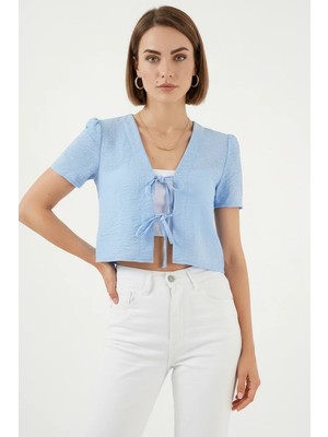 Efnaz Style Kadın V Yaka Crop Kısa Kol Viskon Mavi Bluz