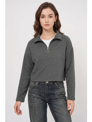 Efnaz Style Kadın Yaka Fermuarli Pamuklu Antrasit Sweatshirt