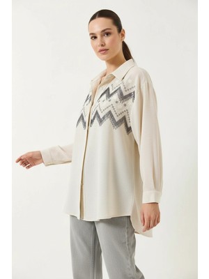 Efnaz Style Kadın Işlemeli Oversize Keten Taş Gömlek