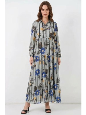 Efnaz Style Kadın Gömlek Yaka Beli Büzgülü Uzun Kol Çiçek Desenli Viskon Koyu Gri Tesettür Elbise