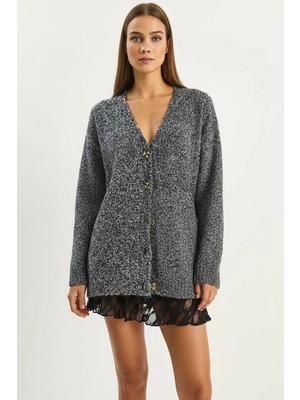 Efnaz Style Kadın V Yaka Oversize Buklet Triko Siyah Hırka