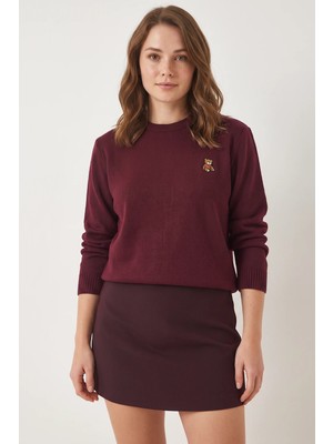 Efnaz Style Kadın Teddy Nakışlı Basic Bordo Kazak