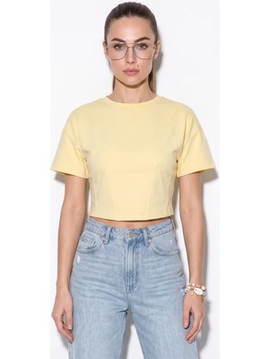 Efnaz Style Kadın Bisiklet Yaka Korsaj Dikiş Detaylı Crop Sarı Bluz