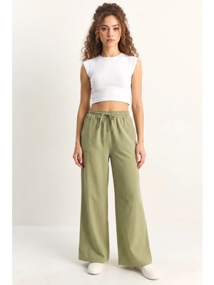 Efnaz Style Kadın Beli Lastikli Cep Detaylı Bol Keten Çağla Yeşili Pantolon