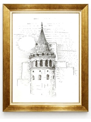 Tablore Galata Kulesi Kara Kalem Çizim Mimari Çerçeveli Tablo