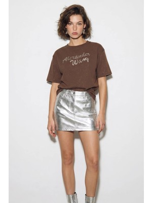 Efnaz Style Kadın Simli Taş Yazı Baskılı Bisiklet Yaka Oversize Basic T Shirt Acı Kahve