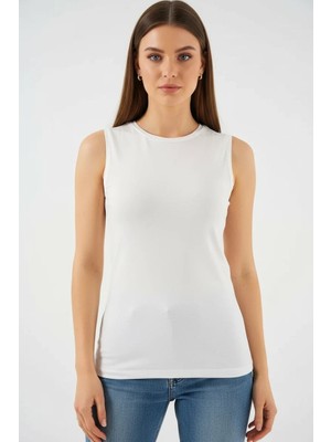 Efnaz Style Kadın Yuvarlak Yaka Kolsuz Viskon Ekru Body
