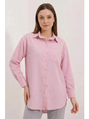 Efnaz Style Kadın Oversize Çizgili Pamuklu Pudra Gömlek