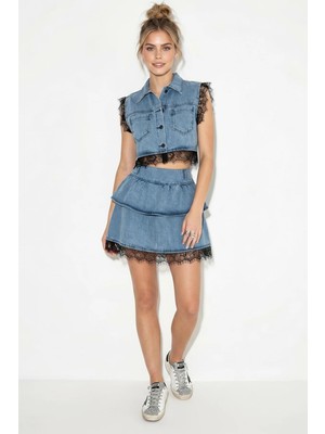Efnaz Style Kadın Dantel Detaylı Crop Denim Yelek Katlı Mini Mavi Etek Alt Üst Takım