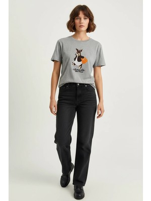 Efnaz Style Kadın Rabbit Nakışlı Işlemeli Bisiklet Yaka Basic T Shirt Gri