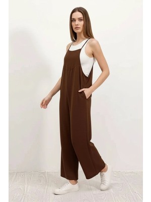 Efnaz Style Kadın Askılı Cep Detaylı Kahverengi Tulum
