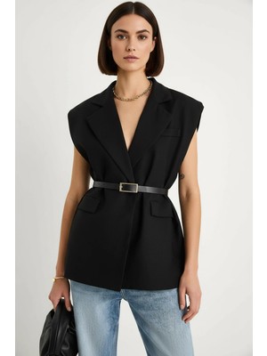 Efnaz Style Kadın Cep Detaylı Kemerli Vatkalı Oversize Astarlı Blazer Siyah Yelek