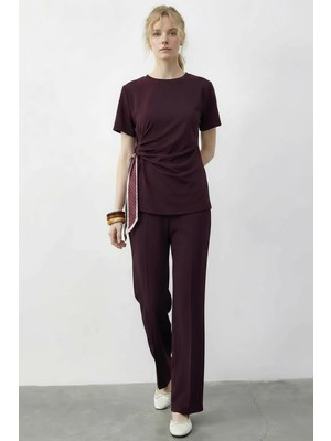 Efnaz Style Kadın Fularlı Bağlama Detaylı T Shirt Yüksek Bel Bordo Alt Üst Takım